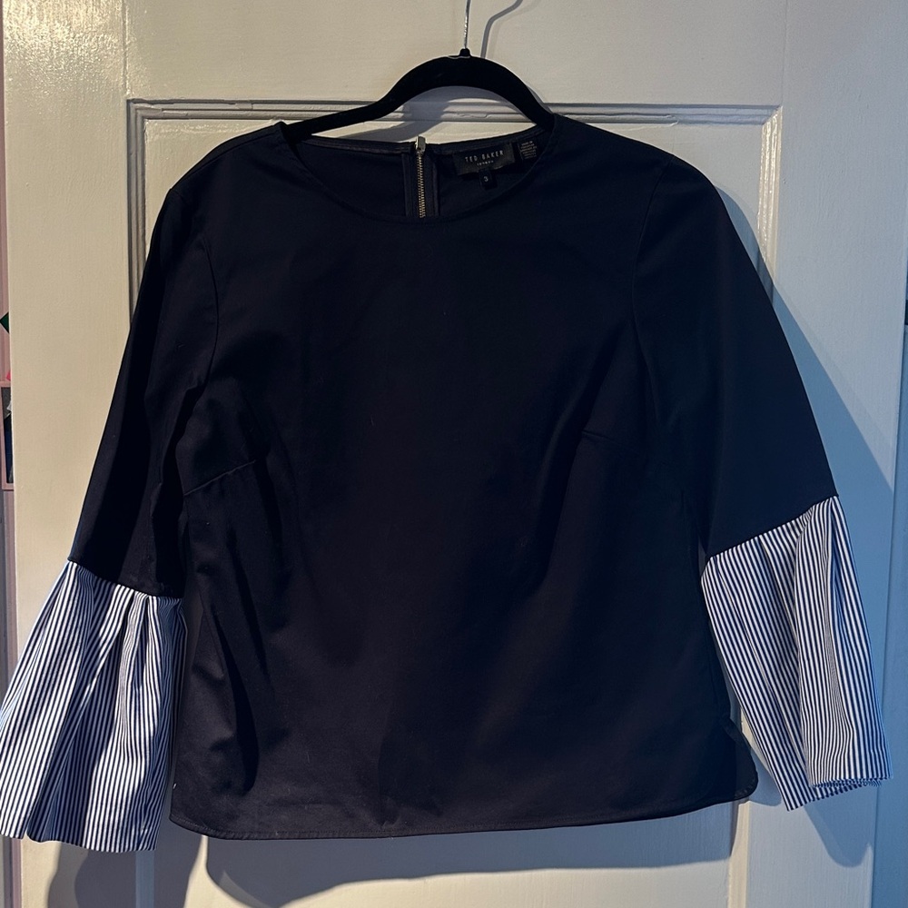 Ted Baker Navy Blouse with Striped Sleeves